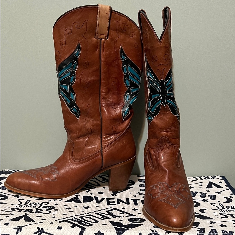 Dingo Brown Heeled Boots with Teal Butterfly Accent